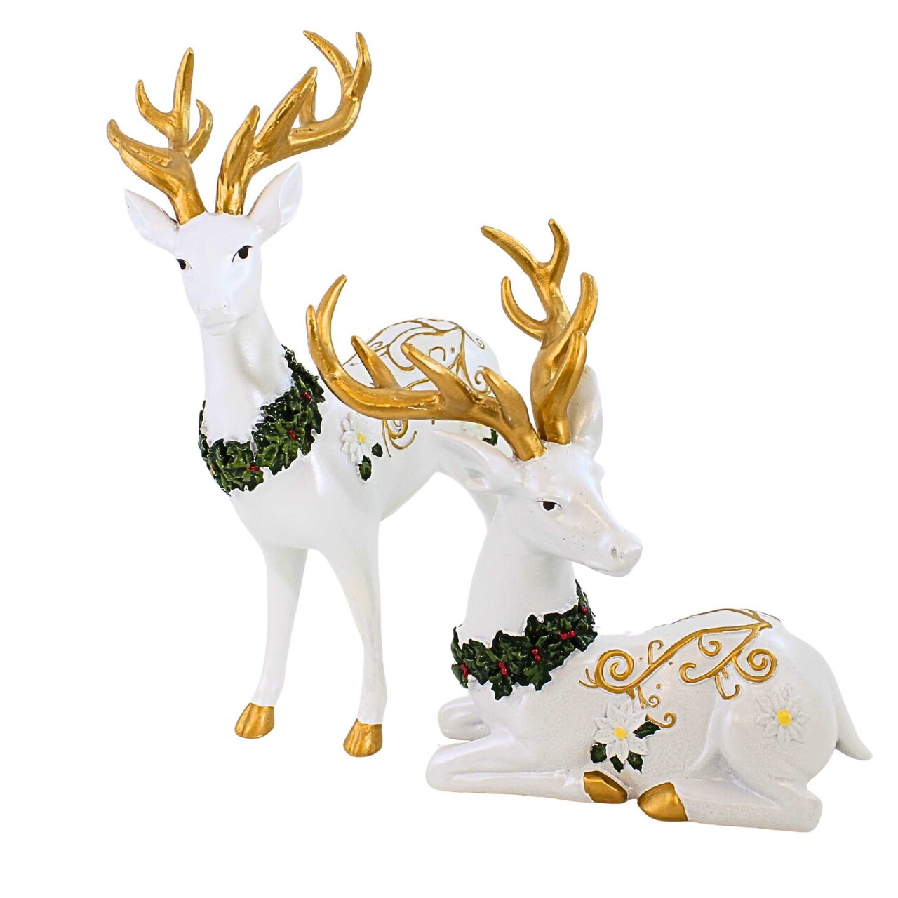 Roman 10.75 In Deer Figurines White Poinsettia Christmas Figurine Set , Christmas Decor Reindeer Elegant